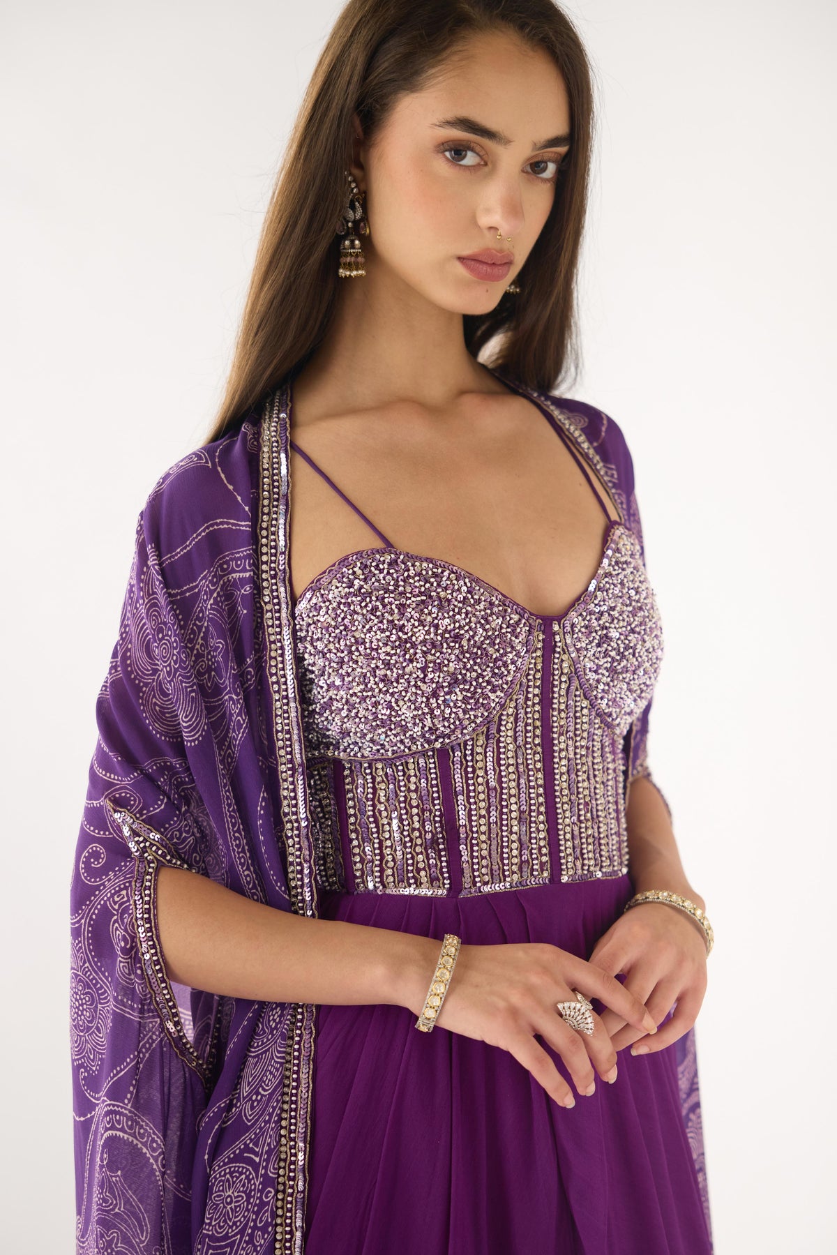 PURPLE GEORGETTE EMBROIDERED CAPE SET