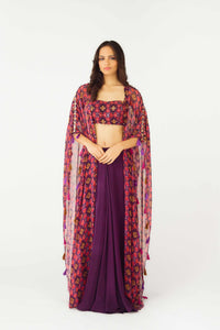 PURPLE MIRROR EMBROIDERD CAPE & SKIRT SET