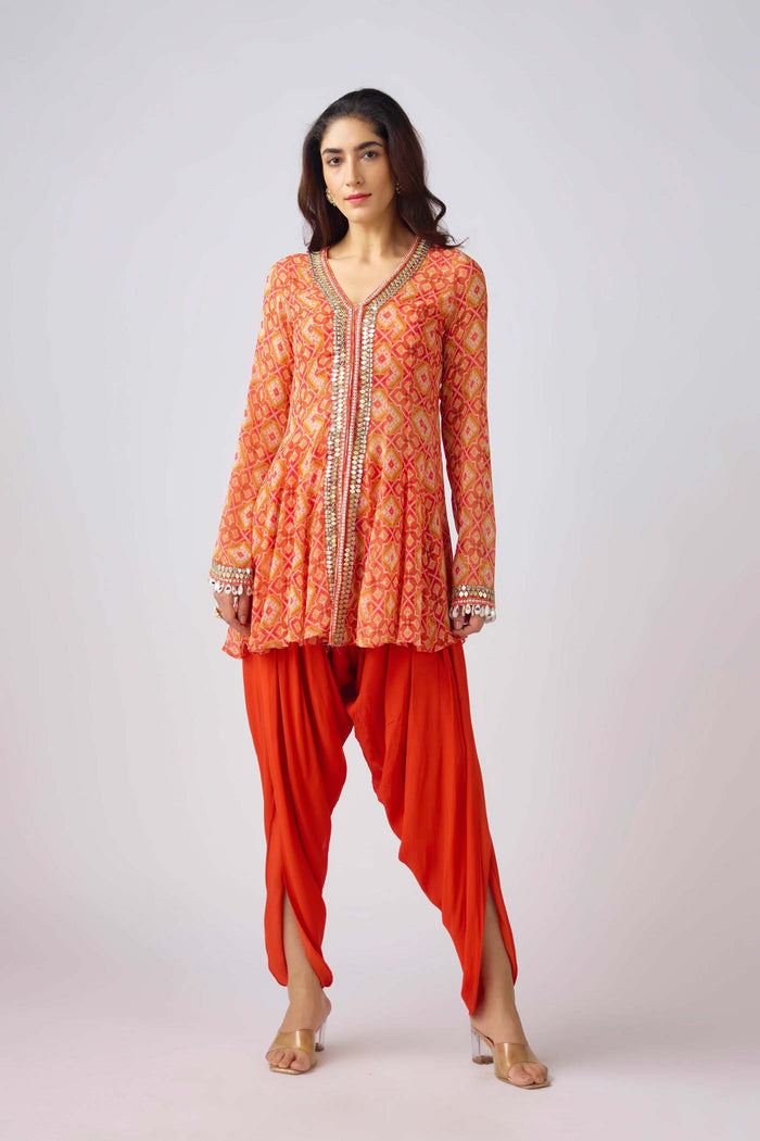 ORANGE GEORGETTE EMBROIDERED DHOTI SET