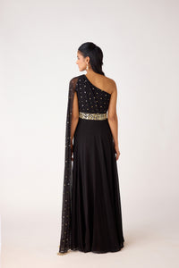 BLACK GEORGETTE ONE SIDE SHOULDER JMPSUIT