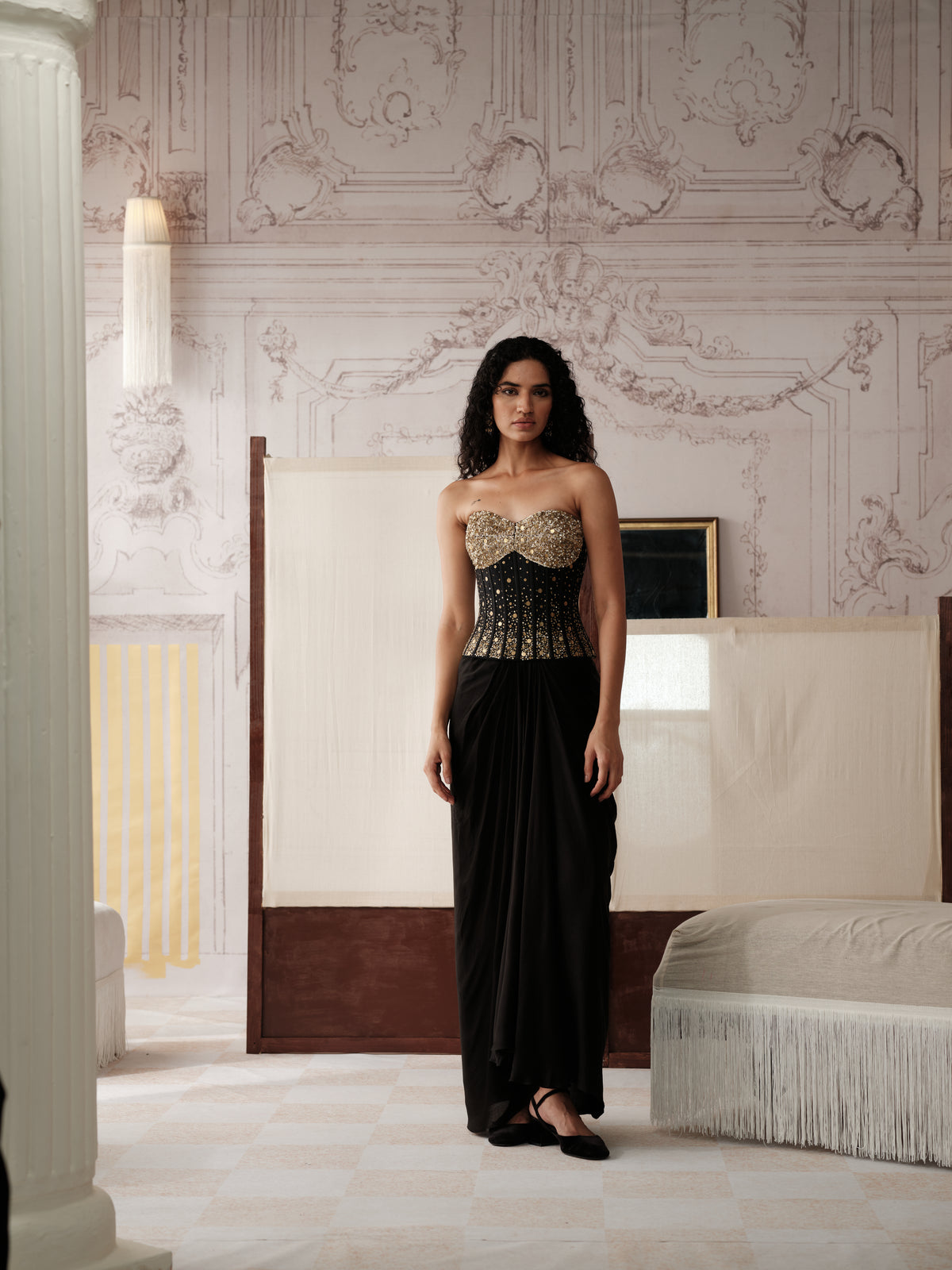 Black corset with crystal tassels and pleated skirt for bridesmaid and engagement