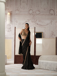 Black designer pre-draped saree with intricate zari, mirror and cutdana work
