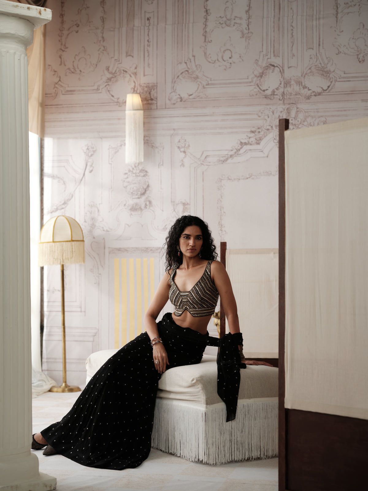 Black embellished ready-to-wear pre draped saree full outfit view