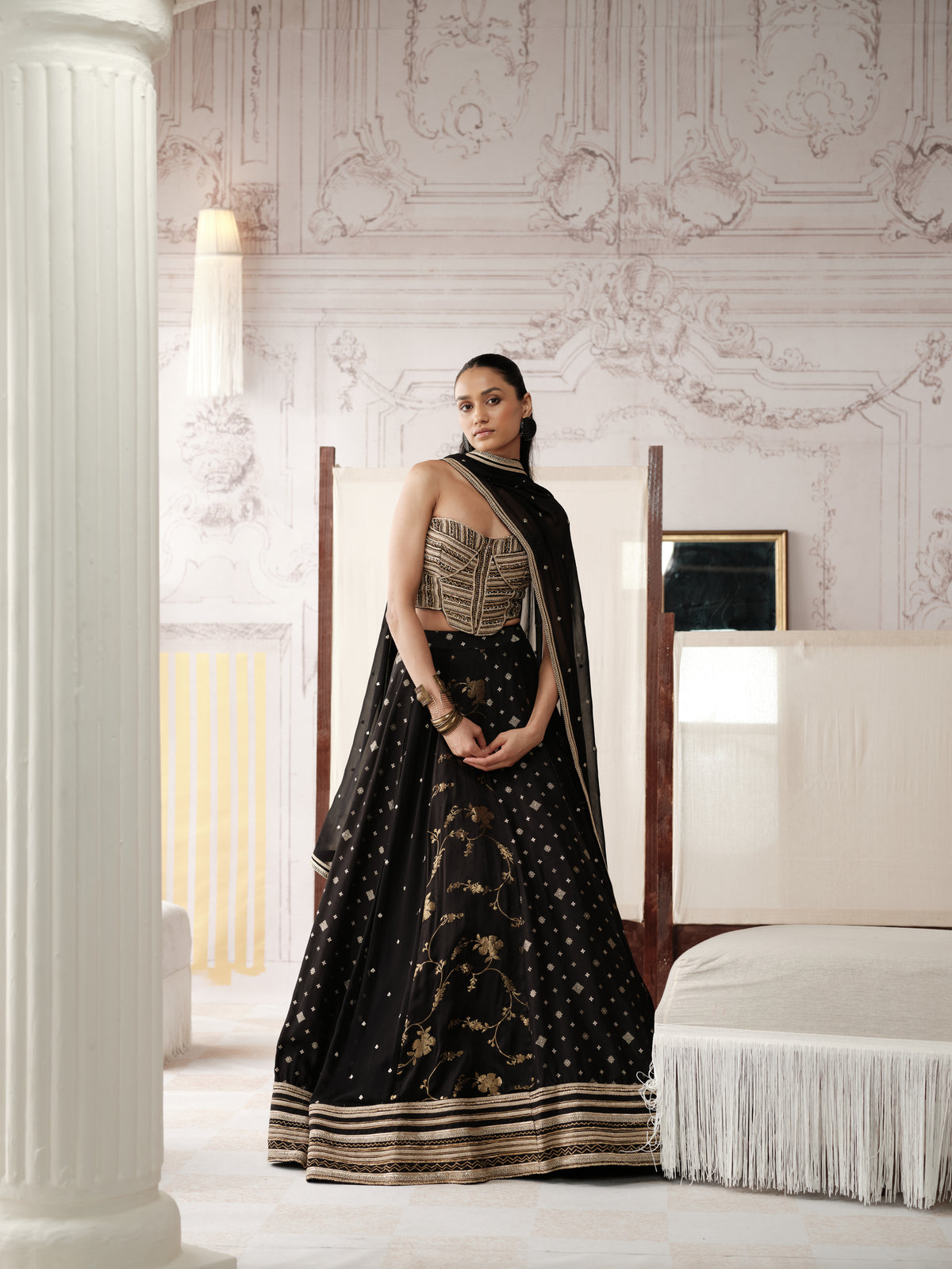 BLACK AND GOLD BANARASI EMBROIDERED CORSET LEHENGA SET