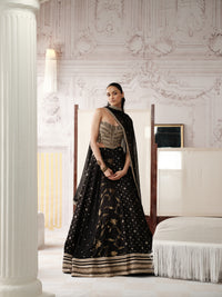 BLACK AND GOLD BANARASI EMBROIDERED CORSET LEHENGA SET