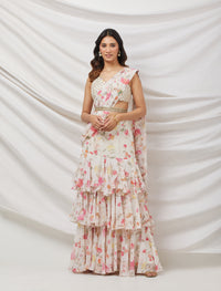 IVORY PRINTED PRE-DRAPED SAREE SET