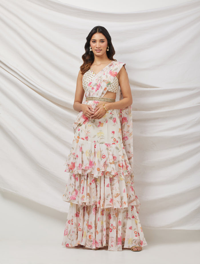 IVORY PRINTED PRE-DRAPED SAREE SET