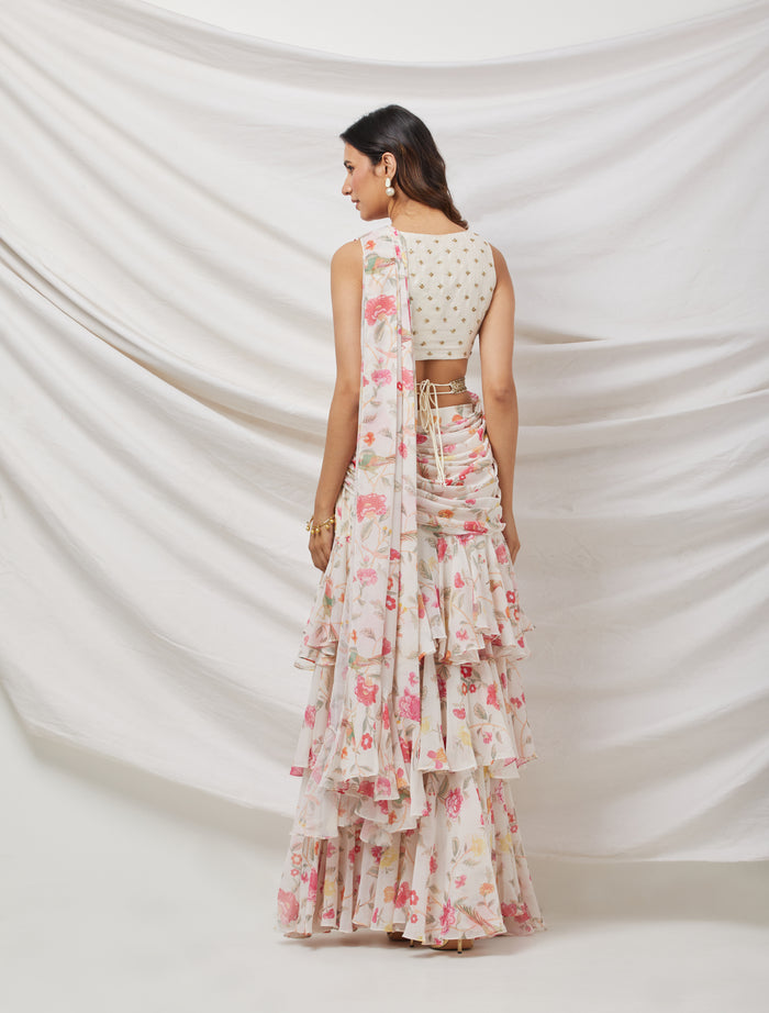 IVORY PRINTED PRE-DRAPED SAREE SET
