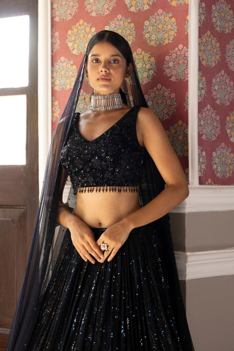 BLACK SEQUINS EMBROIDERED LEHENGA SET