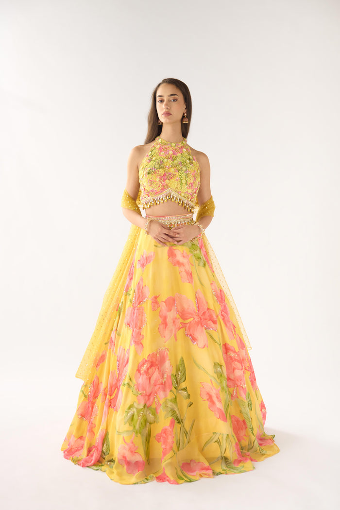 YELLOW GEORGETTE SEQUINS EMBROIDERED LEHENGA SET