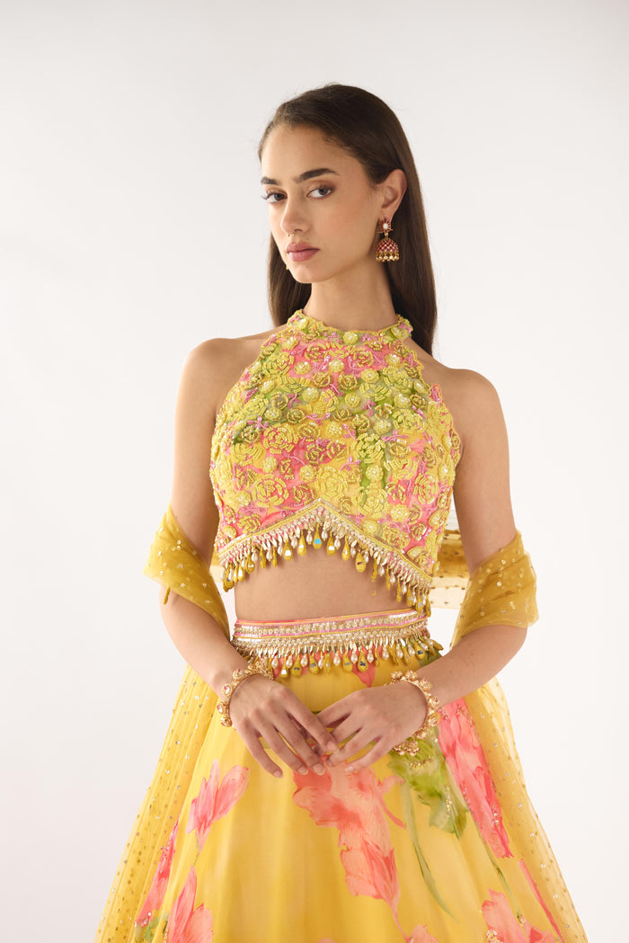 YELLOW GEORGETTE SEQUINS EMBROIDERED LEHENGA SET