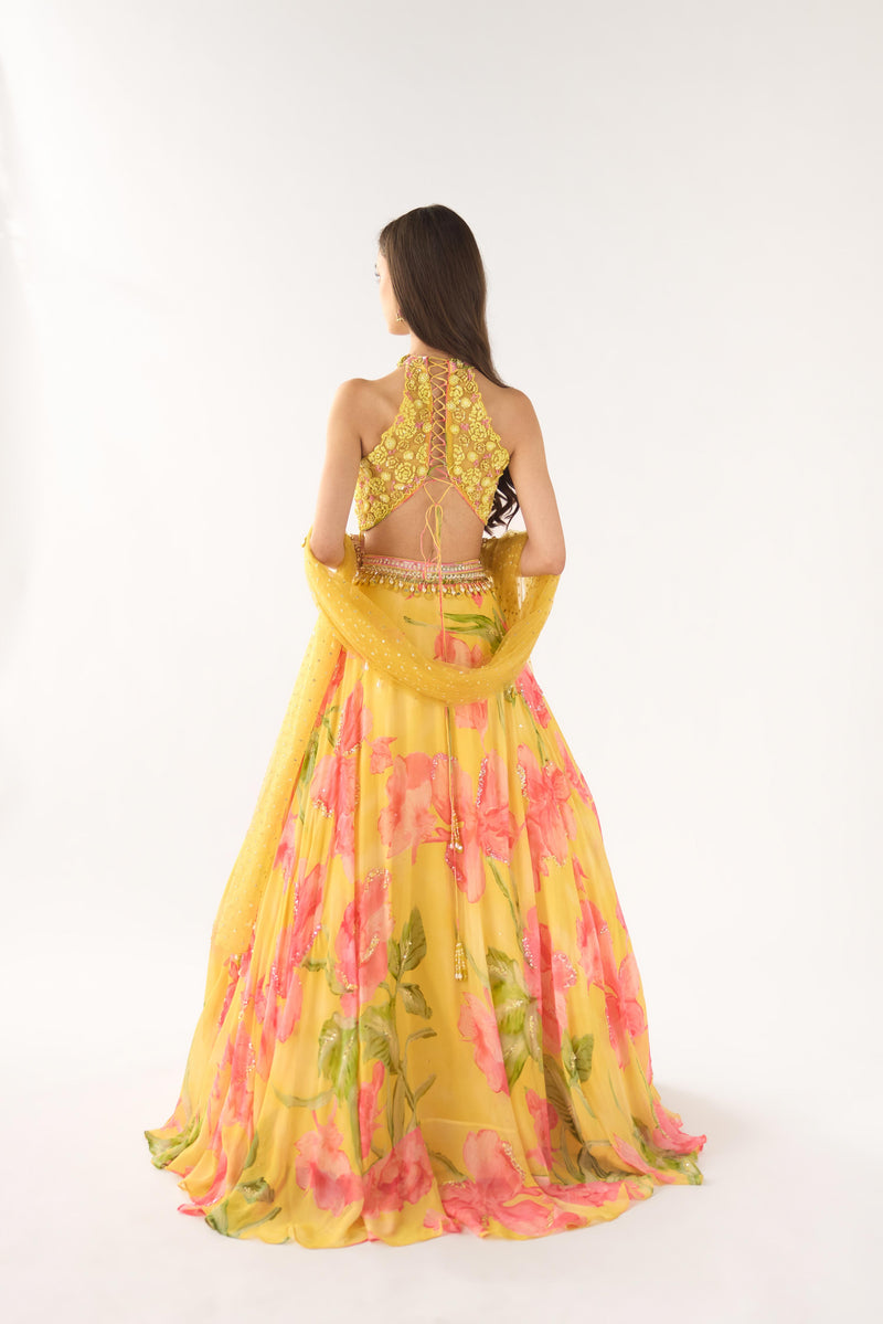 YELLOW GEORGETTE SEQUINS EMBROIDERED LEHENGA SET