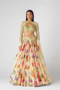CLASSIC BEIGE FLORAL LEHENGA CHOLI WITH LONG SLEEVED BLOUSE
