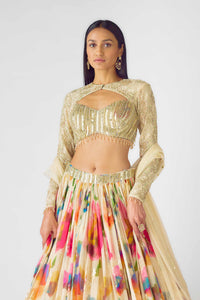 CLASSIC BEIGE FLORAL LEHENGA CHOLI WITH LONG SLEEVED BLOUSE
