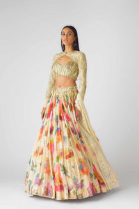 CLASSIC BEIGE FLORAL LEHENGA CHOLI WITH LONG SLEEVED BLOUSE