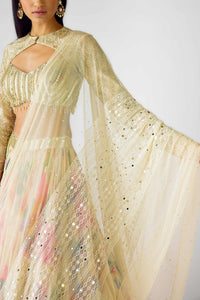 CLASSIC BEIGE FLORAL LEHENGA CHOLI WITH LONG SLEEVED BLOUSE