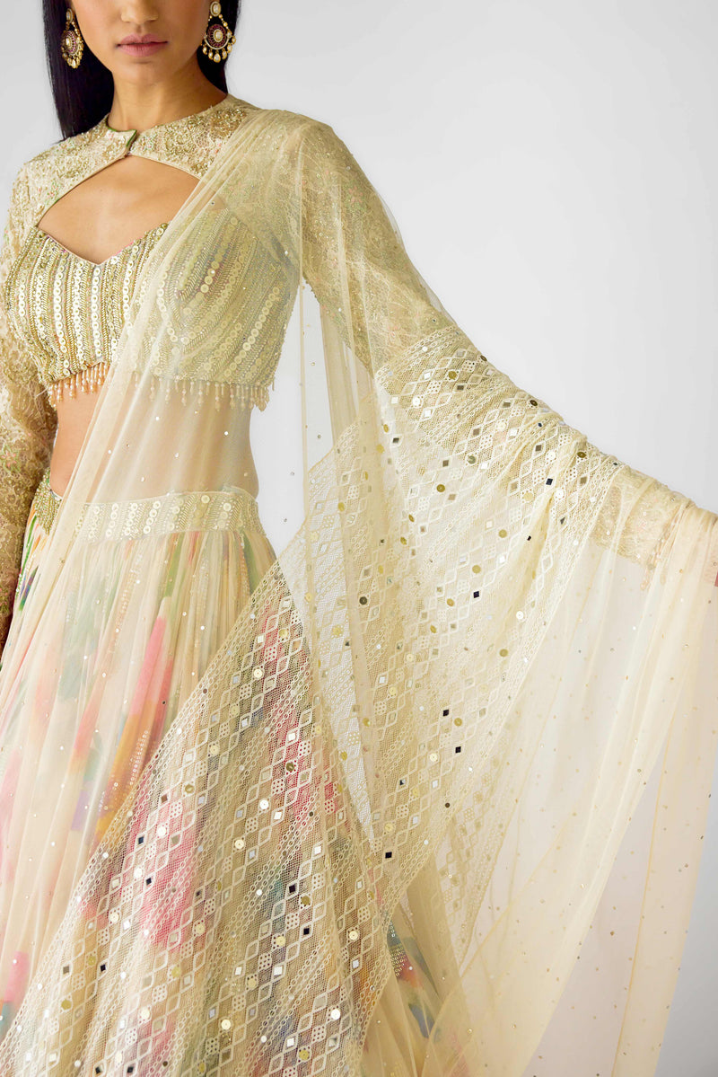 CLASSIC BEIGE FLORAL LEHENGA CHOLI WITH LONG SLEEVED BLOUSE