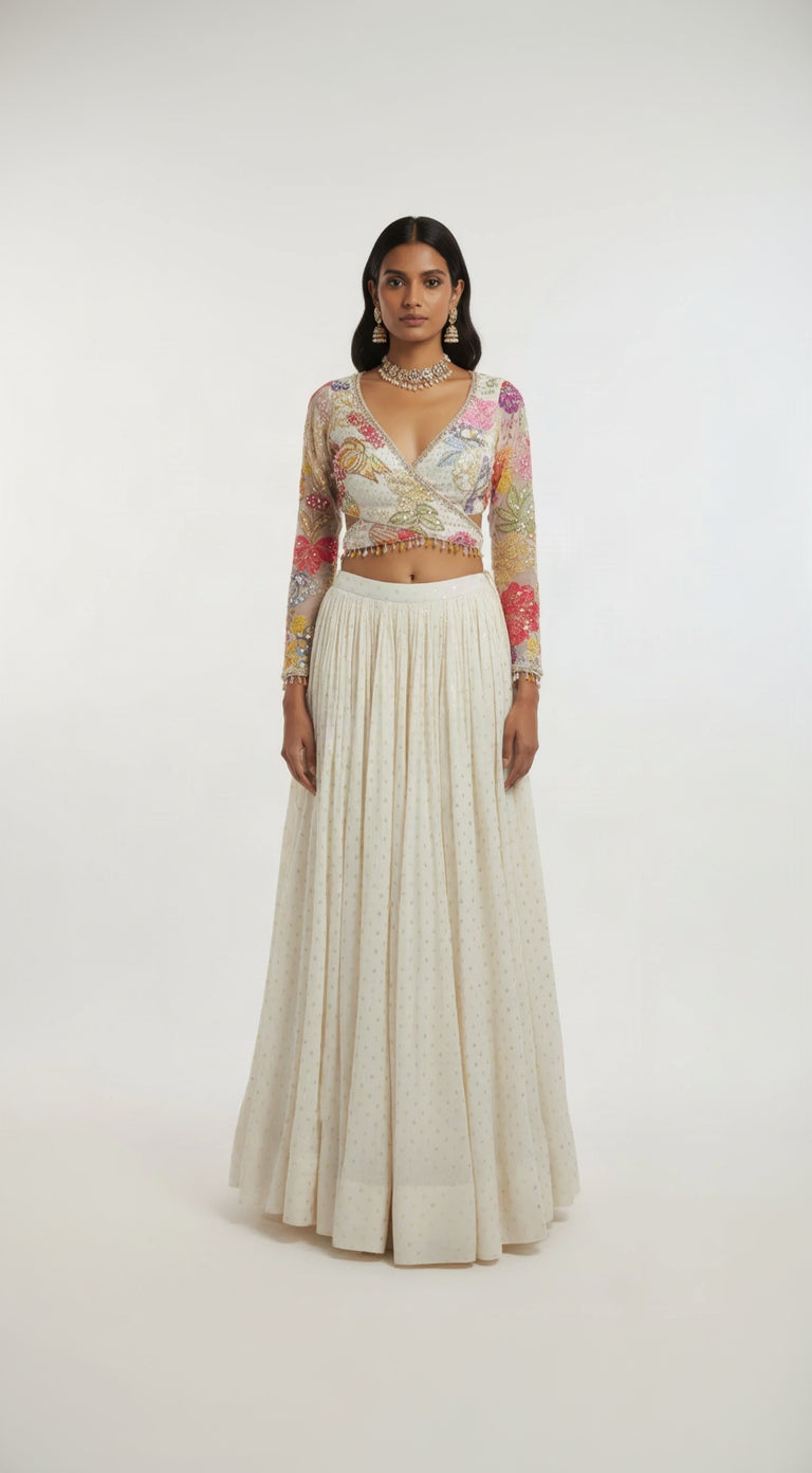 MULTICOLOR FLORAL EMBROIDERED WRAP BLOUSE WITH IVORY LEHENGA