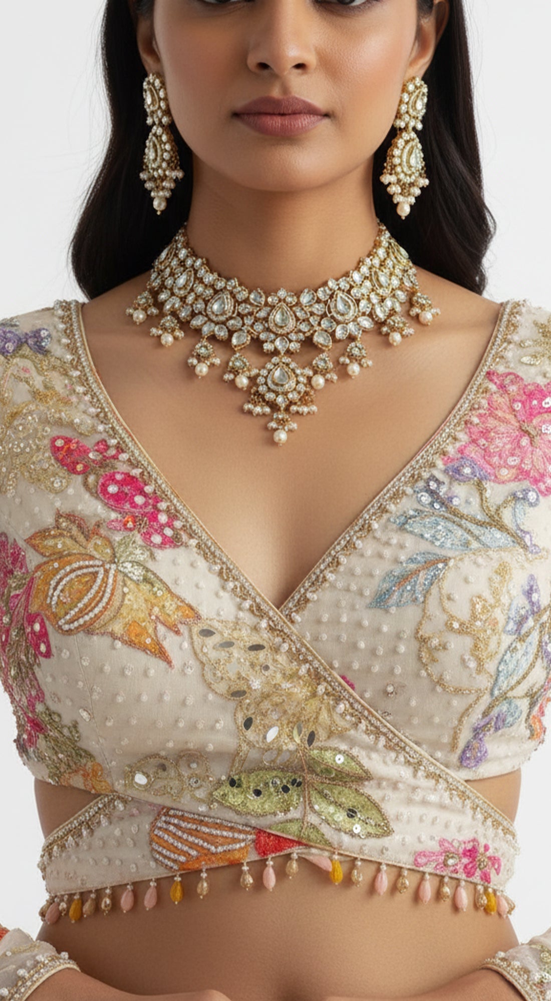 MULTICOLOR FLORAL EMBROIDERED WRAP BLOUSE WITH IVORY LEHENGA