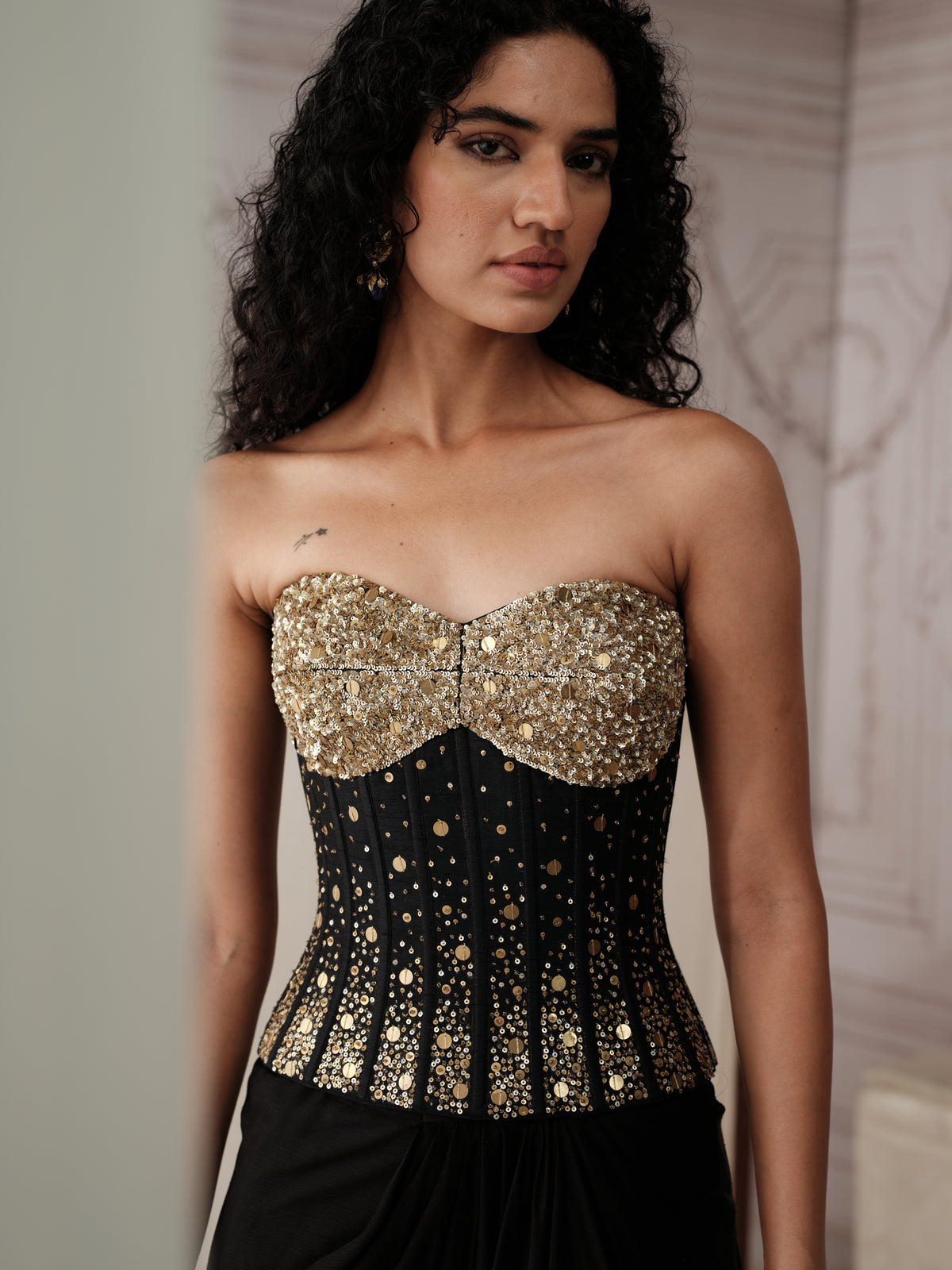 Black sequin corset with pleated skirt bridesmaid outfit