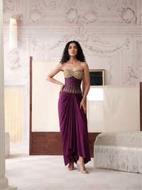 Purple sculpted corset with pleated skirt for Sangeet party wear