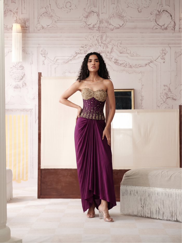 Purple sculpted corset with pleated skirt for Sangeet party wear