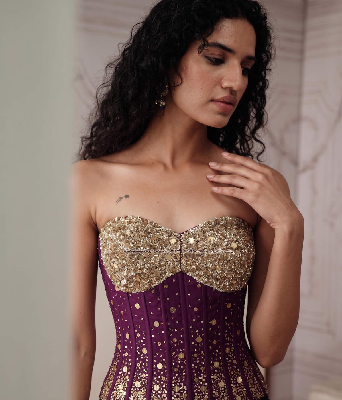 Purple sequin corset with pleated georgette skirt for bridesmaid