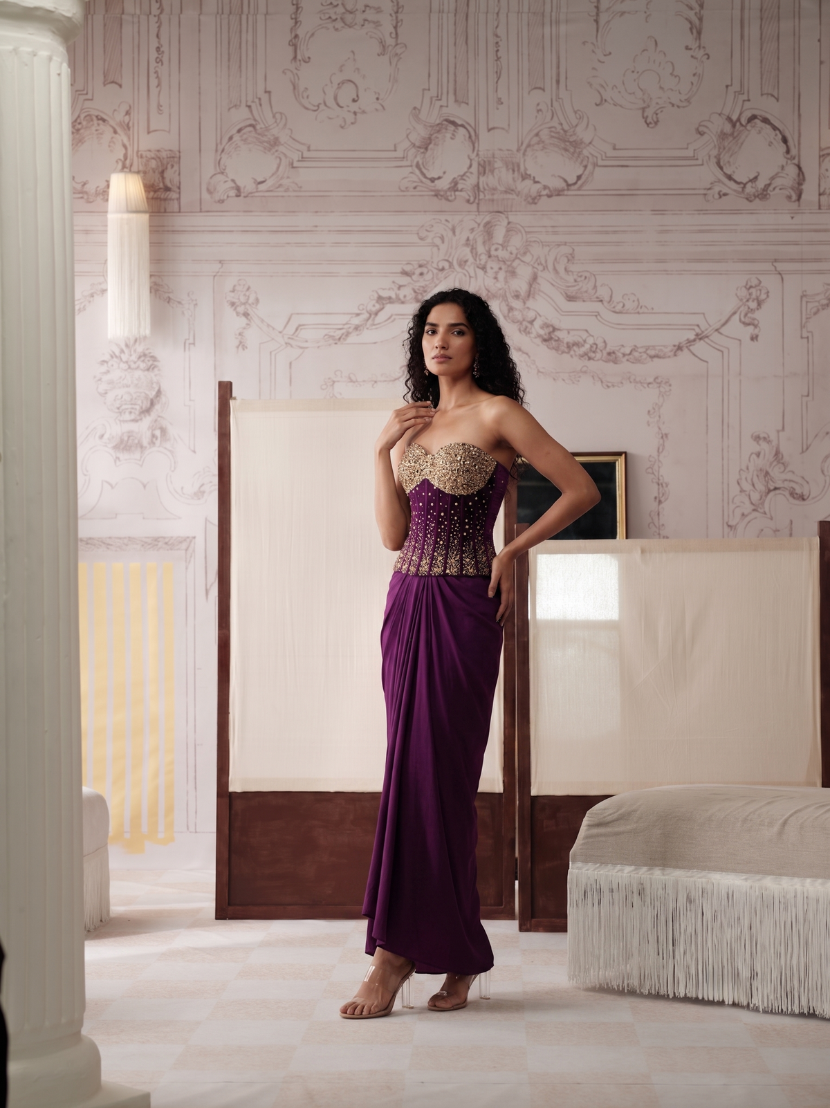 Purple embroidered corset skirt set for engagement party