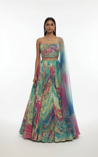 AQUA GREEN PRINTED CORSET LEHENGA SET