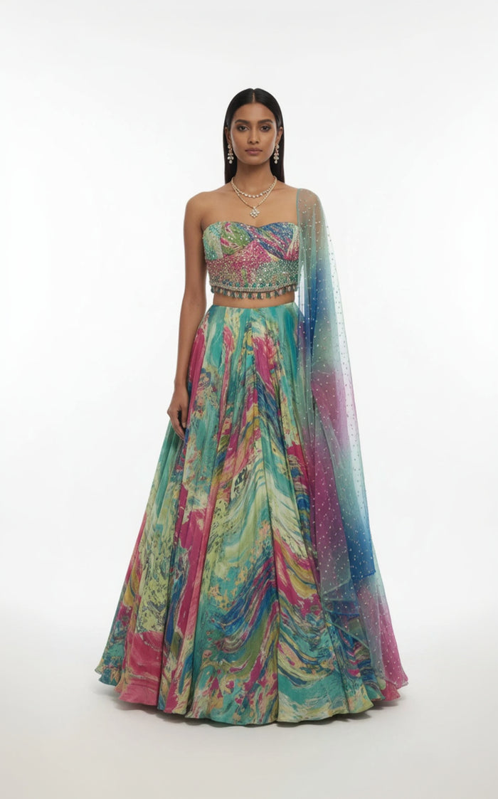 AQUA GREEN PRINTED CORSET LEHENGA SET