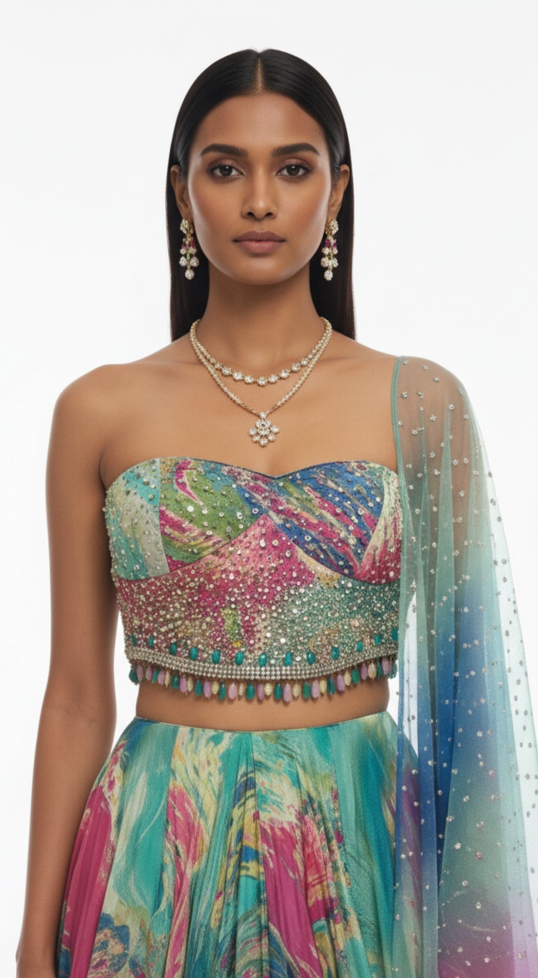 AQUA GREEN PRINTED CORSET LEHENGA SET