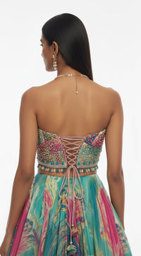 AQUA GREEN PRINTED CORSET LEHENGA SET