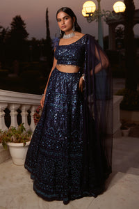 BLUE SEQUINS EMBROIDERED ONE SHOULDER LEHENGA SET