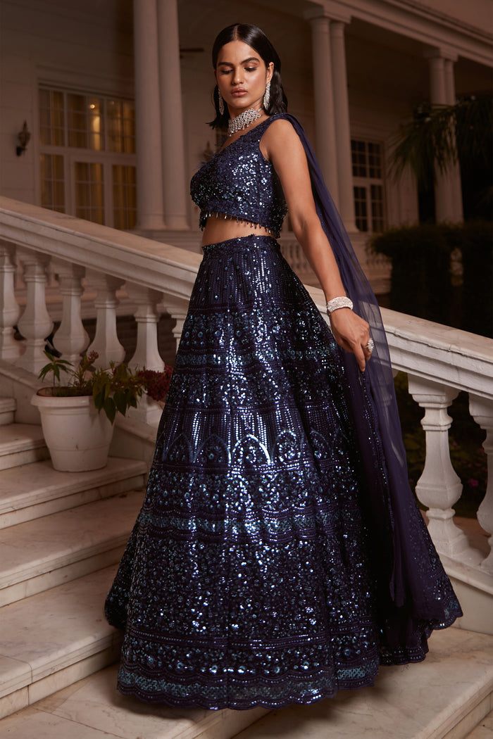 BLUE SEQUINS EMBROIDERED ONE SHOULDER LEHENGA SET