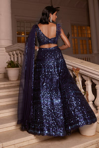 BLUE SEQUINS EMBROIDERED ONE SHOULDER LEHENGA SET