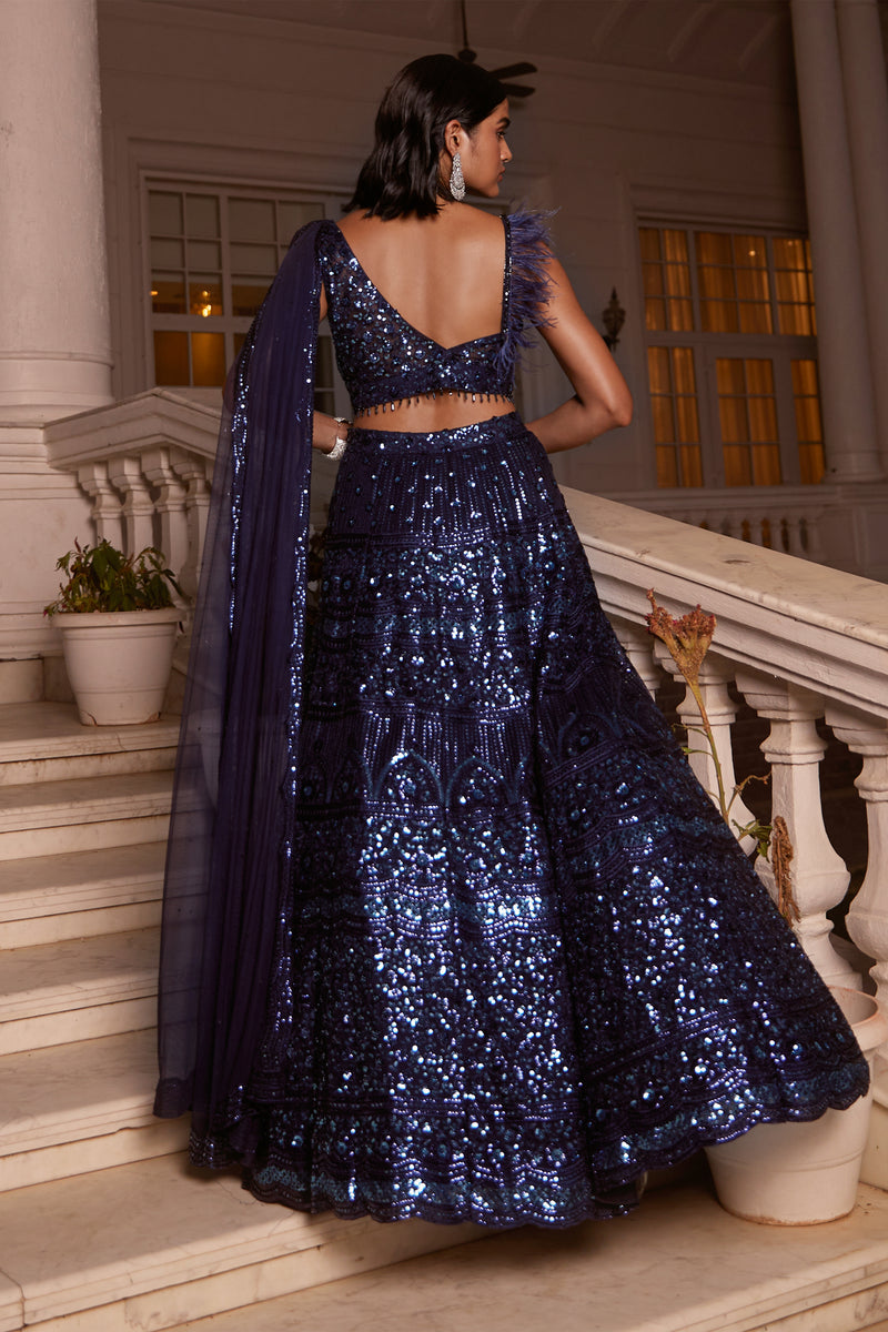 BLUE SEQUINS EMBROIDERED ONE SHOULDER LEHENGA SET