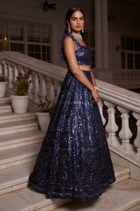 BLUE SEQUINS EMBROIDERED ONE SHOULDER LEHENGA SET