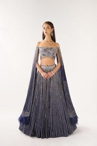 BLUE GEORGETTE OFF SHOULDER BLOUSE AND LEHENGA SET | Nishly Fashion House