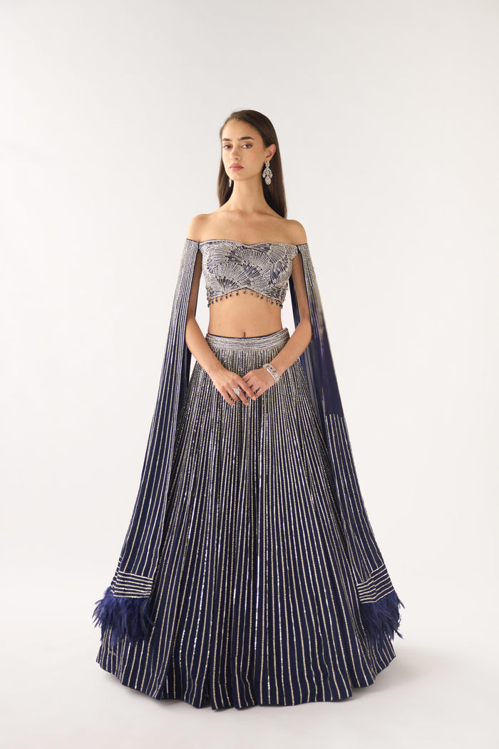 BLUE GEORGETTE OFF SHOULDER BLOUSE AND LEHENGA SET | Nishly Fashion House