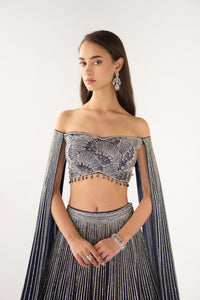 BLUE GEORGETTE OFF SHOULDER BLOUSE AND LEHENGA SET | Nishly Fashion House
