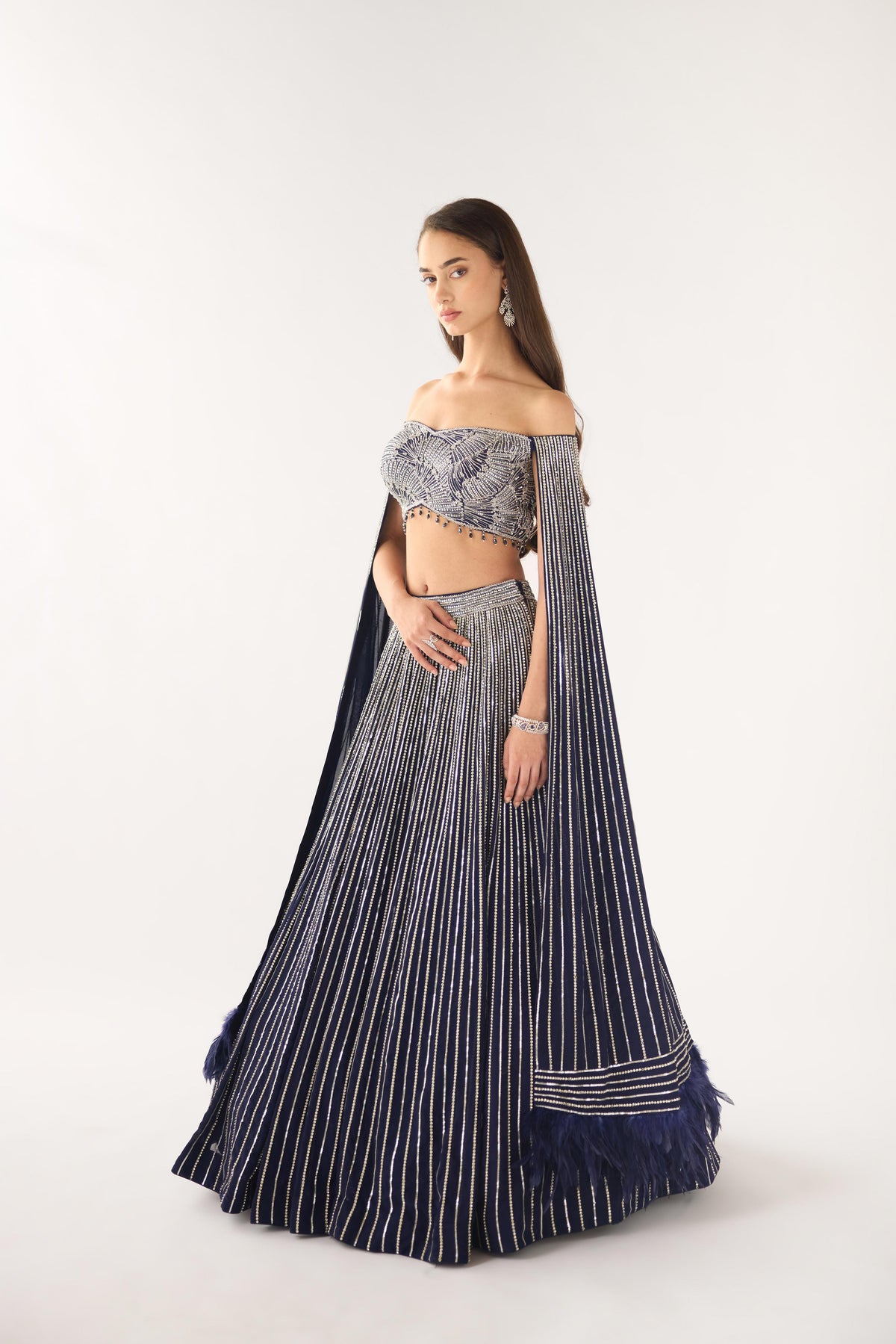BLUE GEORGETTE OFF SHOULDER BLOUSE AND LEHENGA SET | Nishly Fashion House