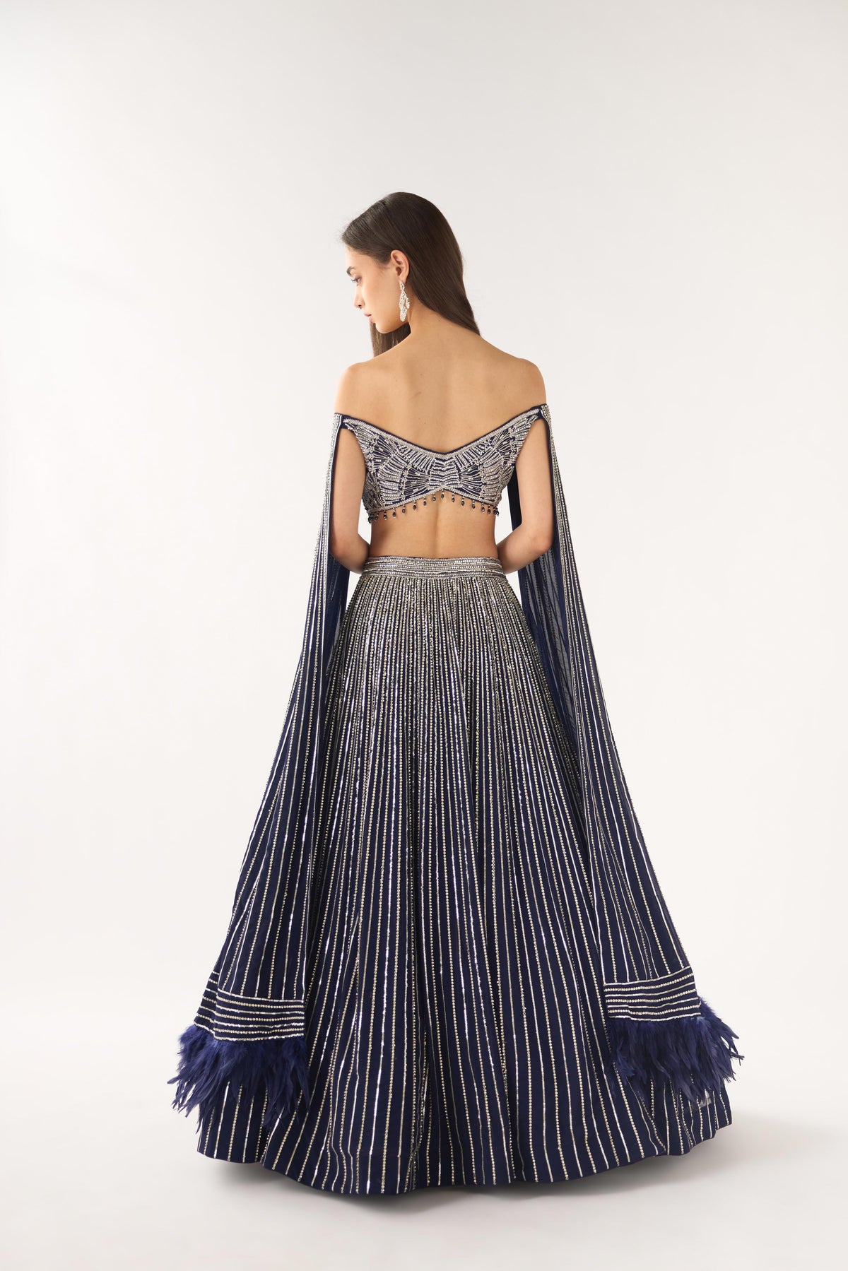 BLUE GEORGETTE OFF SHOULDER BLOUSE AND LEHENGA SET | Nishly Fashion House