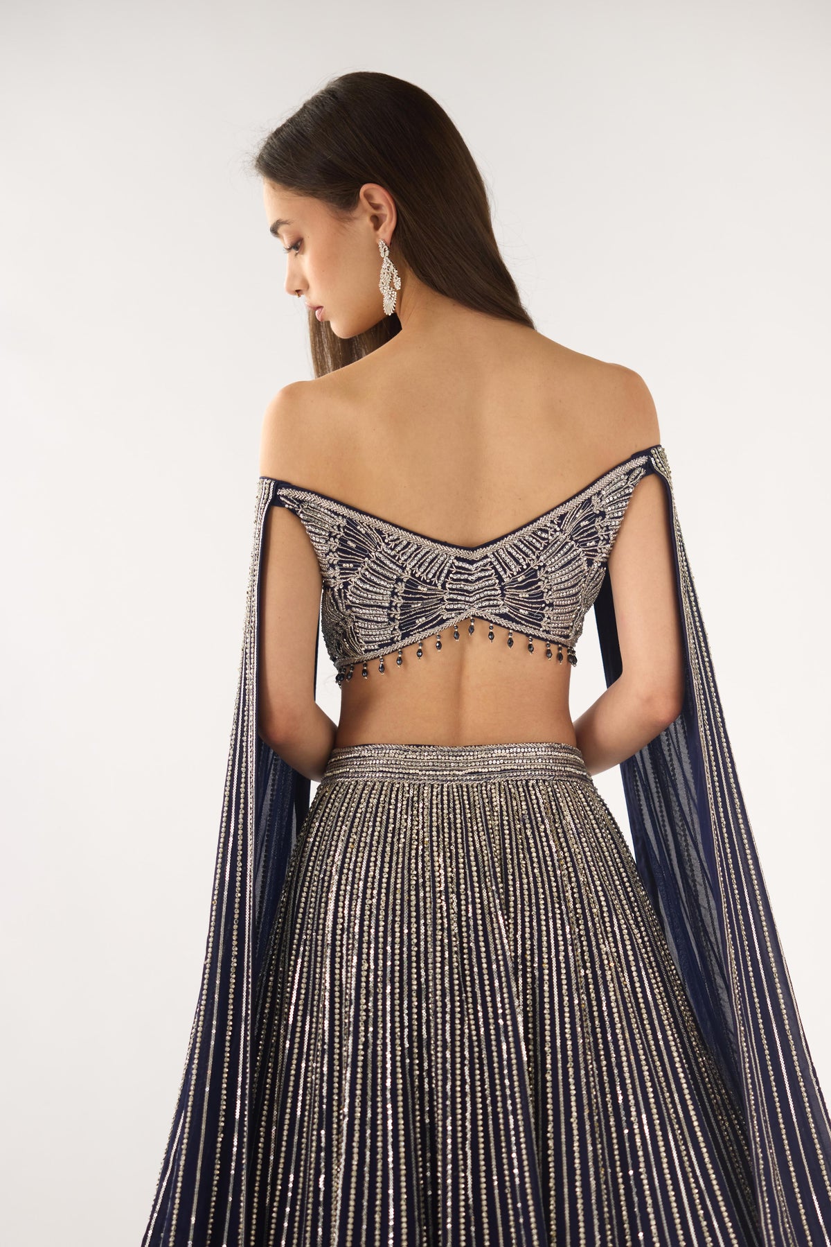 BLUE GEORGETTE OFF SHOULDER BLOUSE AND LEHENGA SET | Nishly Fashion House