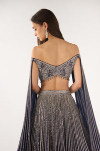 BLUE GEORGETTE OFF SHOULDER BLOUSE AND LEHENGA SET | Nishly Fashion House