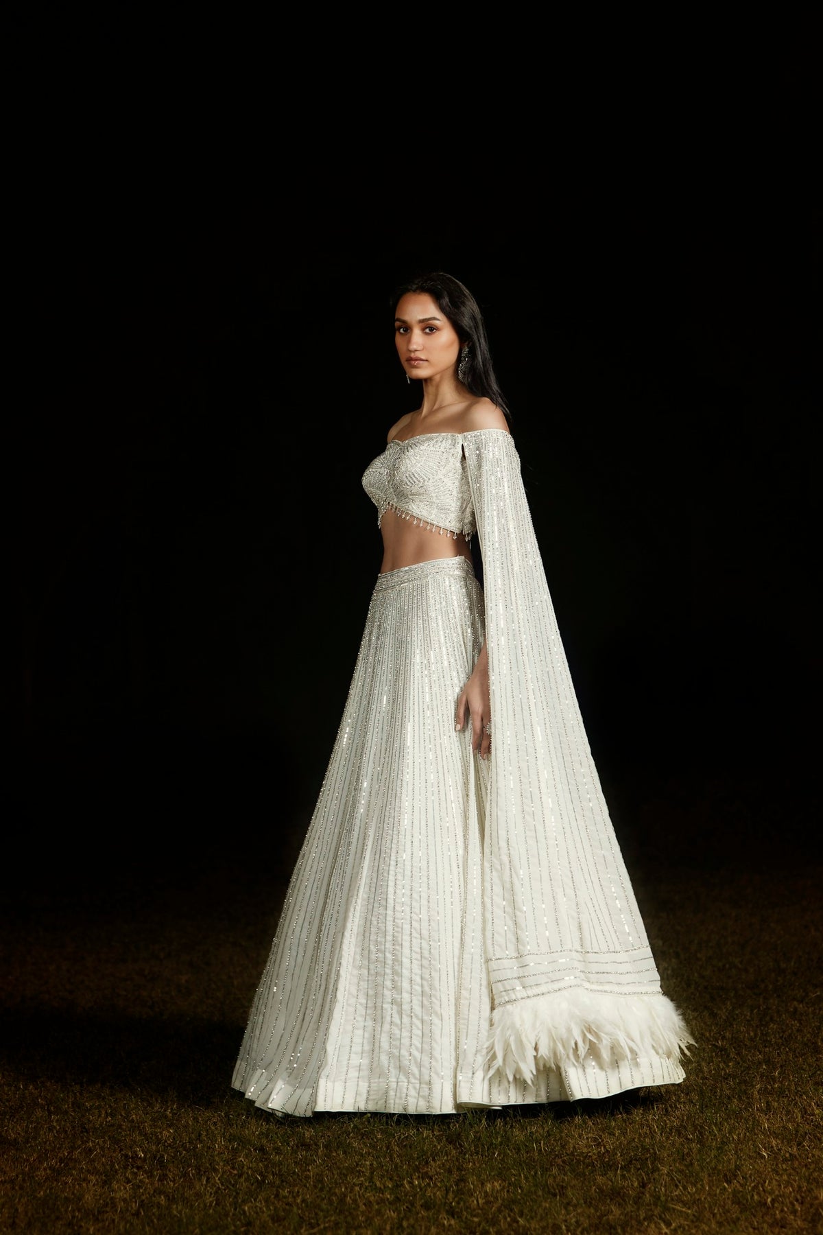 IVORY OFF SHOULDER SEQUINS LEHENGA