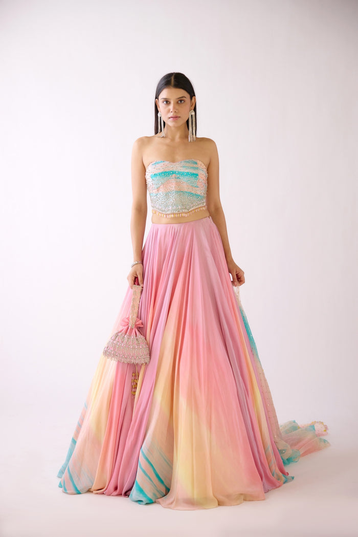 PINK CRYSTAL EMBROIDERED CORSET LEHENGA