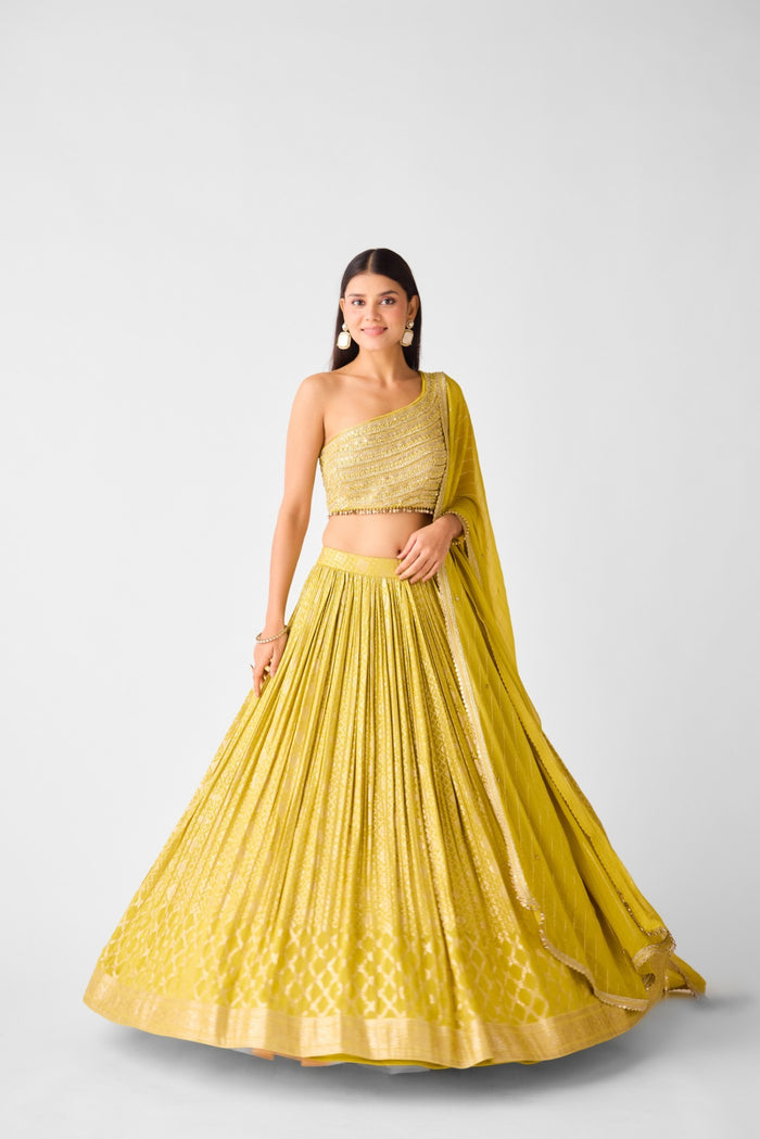 YELLOW BANARASI EMBROIDERED ONE SHOULDER LEHENGA SET
