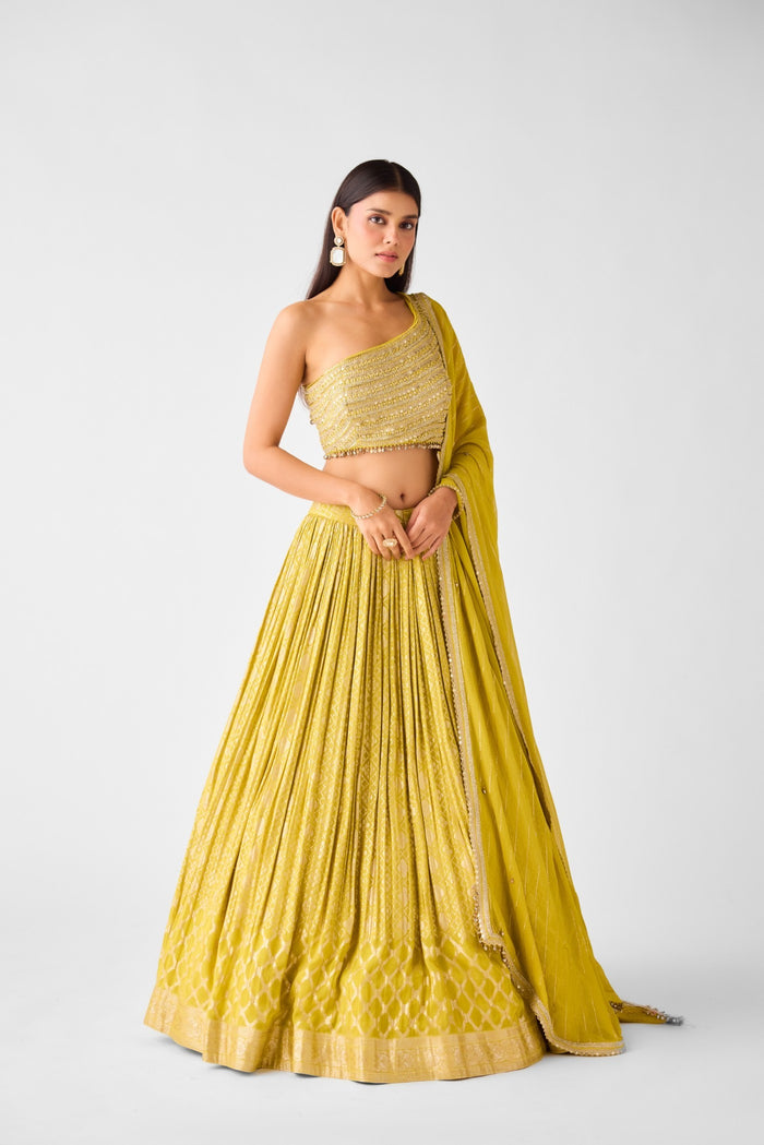 YELLOW BANARASI EMBROIDERED ONE SHOULDER LEHENGA SET