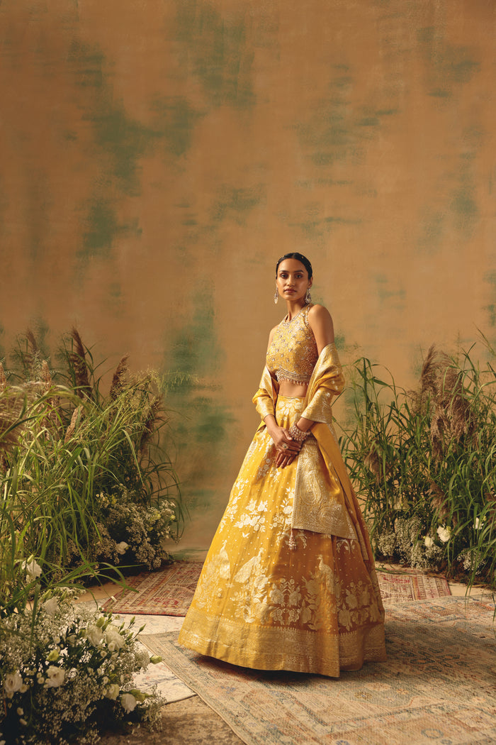 YELLOW BANARASI TISSUE SILK LEHENGA SET | Nishly Fashion House
