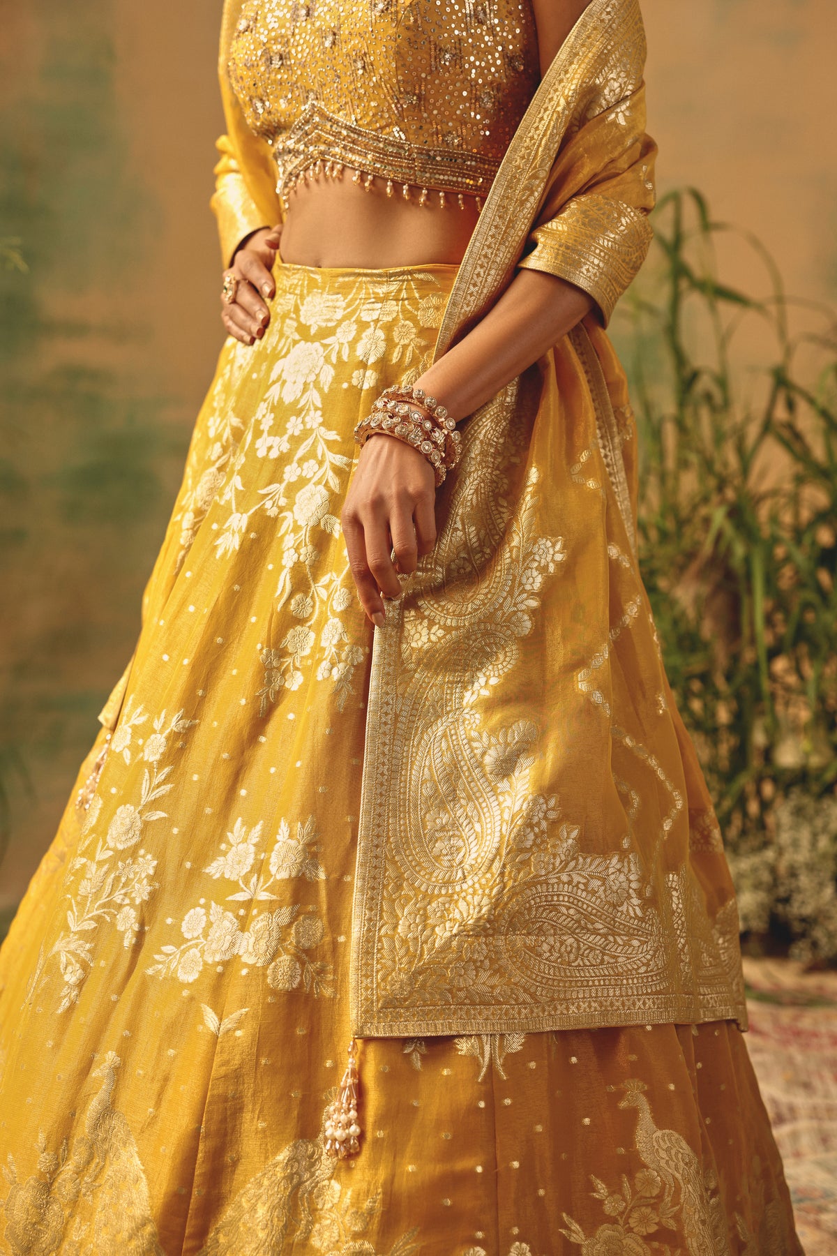 YELLOW BANARASI TISSUE SILK LEHENGA SET | Nishly Fashion House